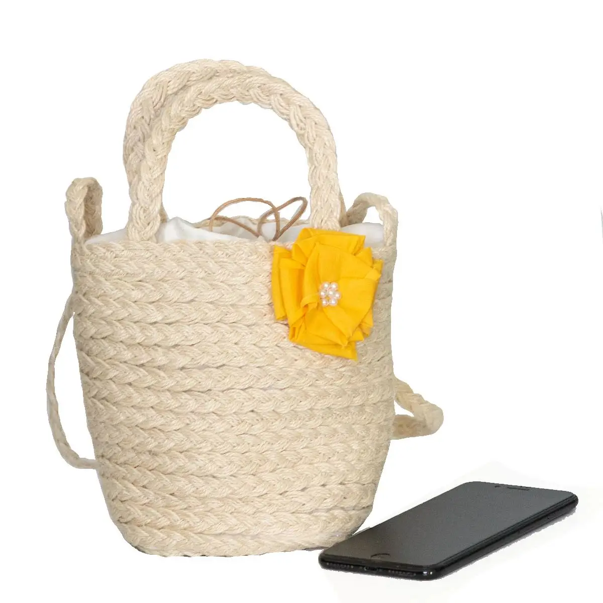 Mini Shoulder Bag With Straw Knit Handles With Pearly Flower Appliques Women straw weave for women summer bucket bag beach tote