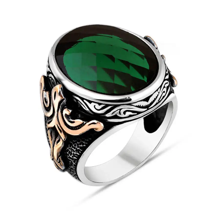 925 Sterling Silver Facet Cut Green Zircon Stone Men Ring Fashion Turkish Premium Quality Handmade Jawelery