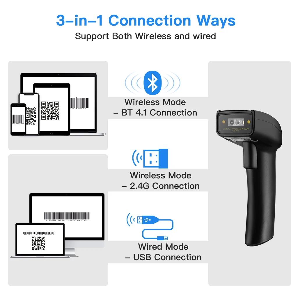 Eyoyo 1D 2D QR Bluetooth Handheld Bar code Scanner Bluetooth & 2.4G Dongle Wireless & Wired CCD PDF417 Data  Matrix Bar Code