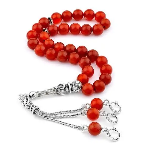 Silver Red Agate Gemstone Prayer Rosary Men Sphere Cut Rosary With Silver Tassel Turkish Crescent Star Model Tassel 925k Silver