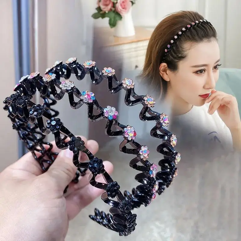 Non-Slip Rhinestone Headband Flexible Metal Wave Flower Hair Band Bezel Hair Hoop Casual Headwear Classic Sport Hair Accessories