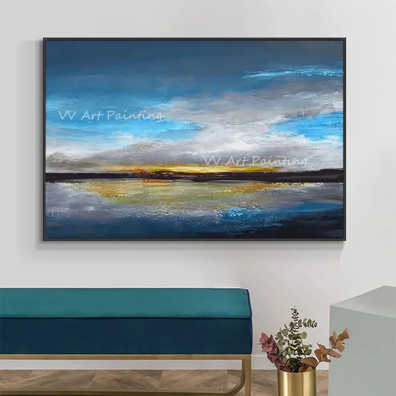 Pure Handpainted Horizon Sunset Knife Painting, Textured Lakeside Sunset Artwork Sofa Background Wall Decor