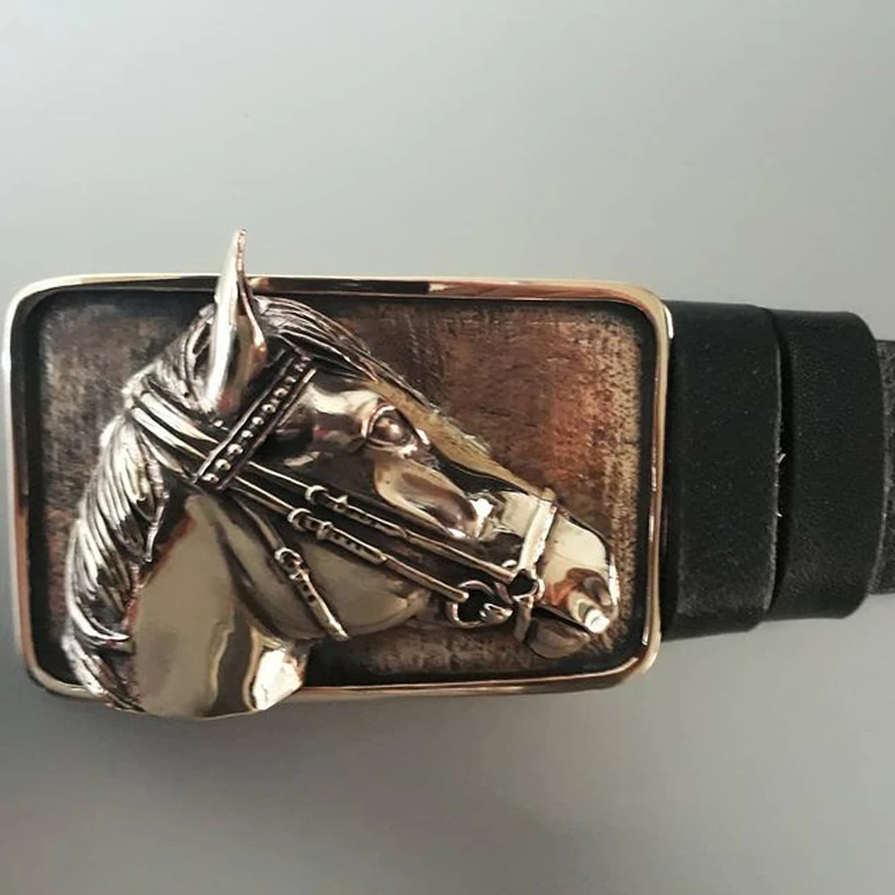 Pramoda Horse head cowskin leather belt, Bronze buckle horse head belt real Genuine Leather belt for man and woman