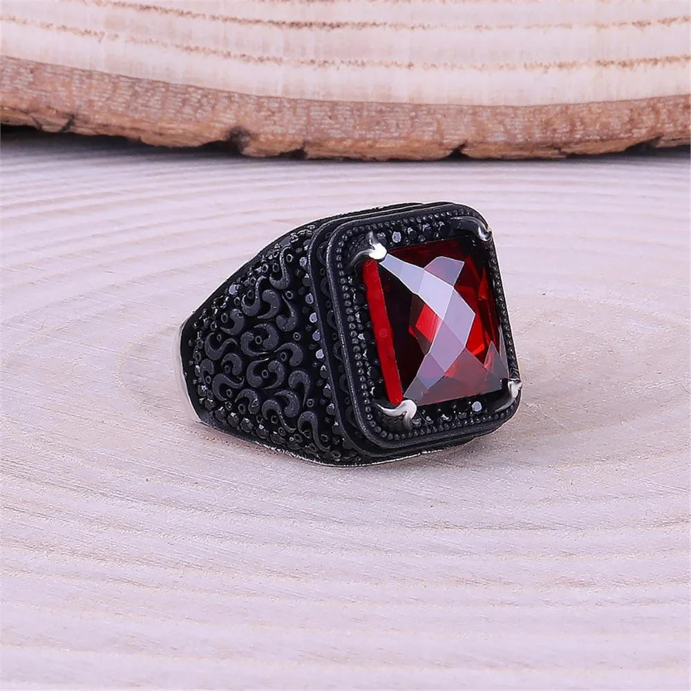 925K Real Sterling Silver Ring With Red Green Black Zircon Gemtone Micro Shiny Embroidered Stones Classic Ring's For MAN