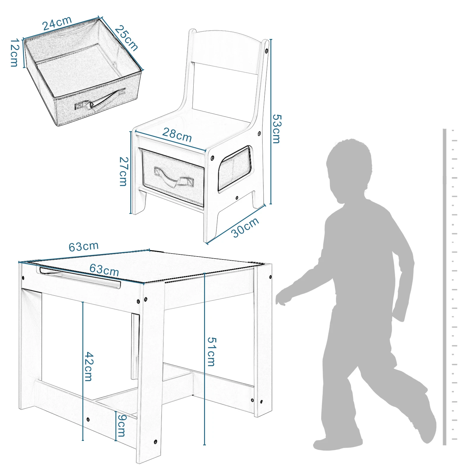 Kinderschreibtisch, weißer Kindertisch, 2 Stühle, Set mit Aufbewahrungskorb, wendbare Tischplatte, Tafelpapierrolle für Vorschulmöbel