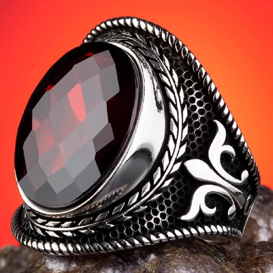 Sterling Silver Mens Ornamented Ring with Red Zircon Stone Fashion Turkish Premium Quality Handmade Jawelery