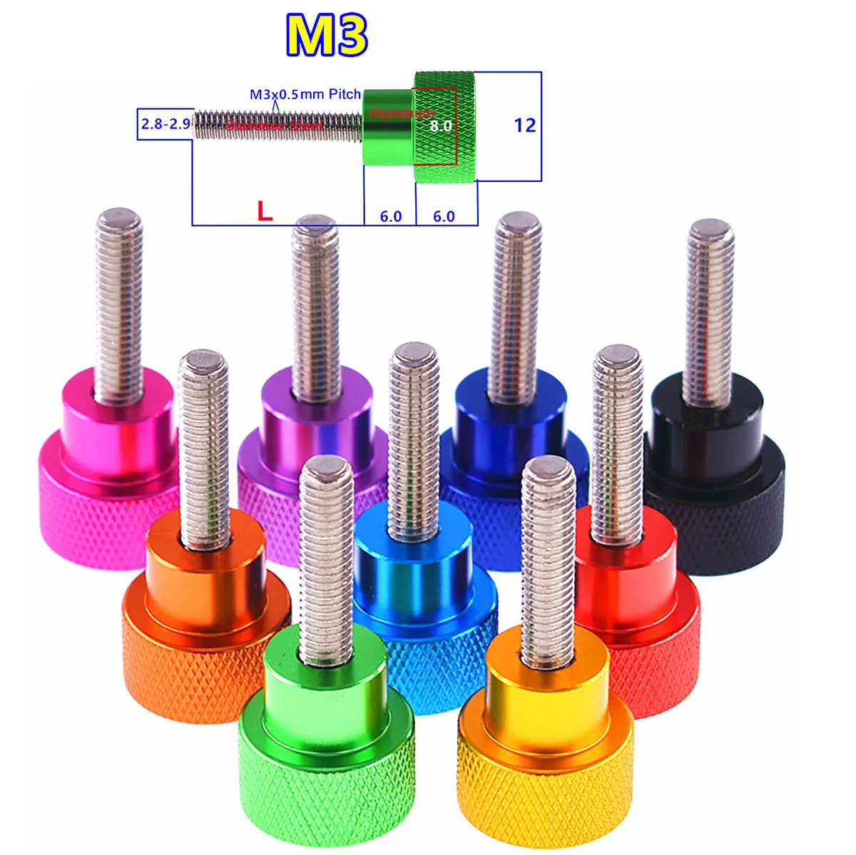 3Pcs viti a testa zigrinata in alluminio anodizzato M3 metrico 12x6mm testa zigrinata serrare a mano vite filettatura in acciaio inossidabile 4-80mm
