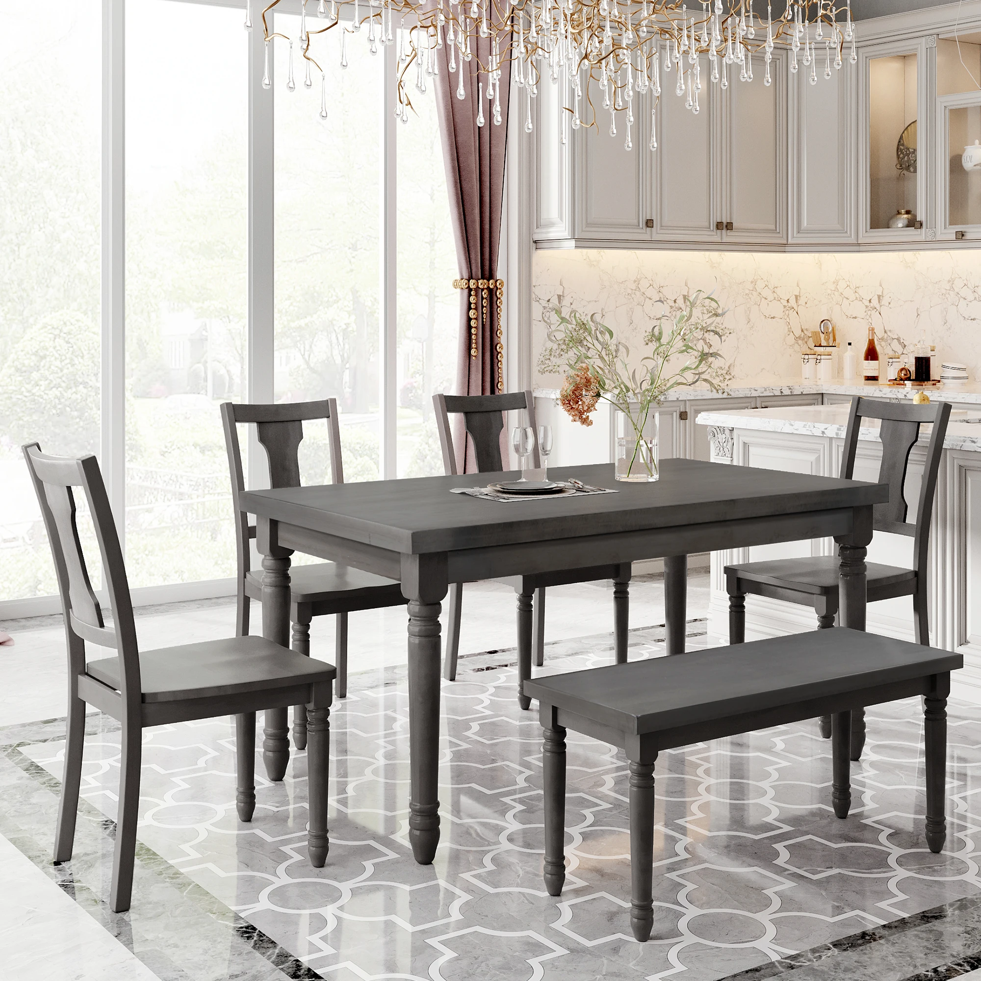 6Pcs Classic Dining Set 1 Wooden Table + 4 Chairs + 1 Bench for Kitchen Dining Room Gray [US-W]