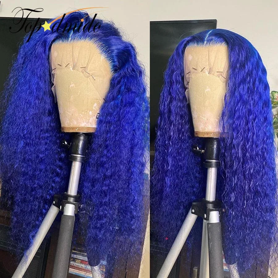 Topodmido Blue Color Curly Brazilian Human Hair Wigs with Preplucked Hairline 13x6 Lace Front Wig 4x4 Lace Closure Wigs