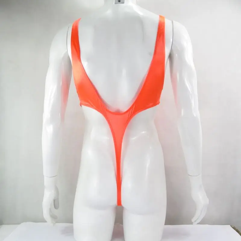 G528Y Mens bodysuit Thong Leotard U neck Back Nylon spandex shiny Satin Thin Stretchy