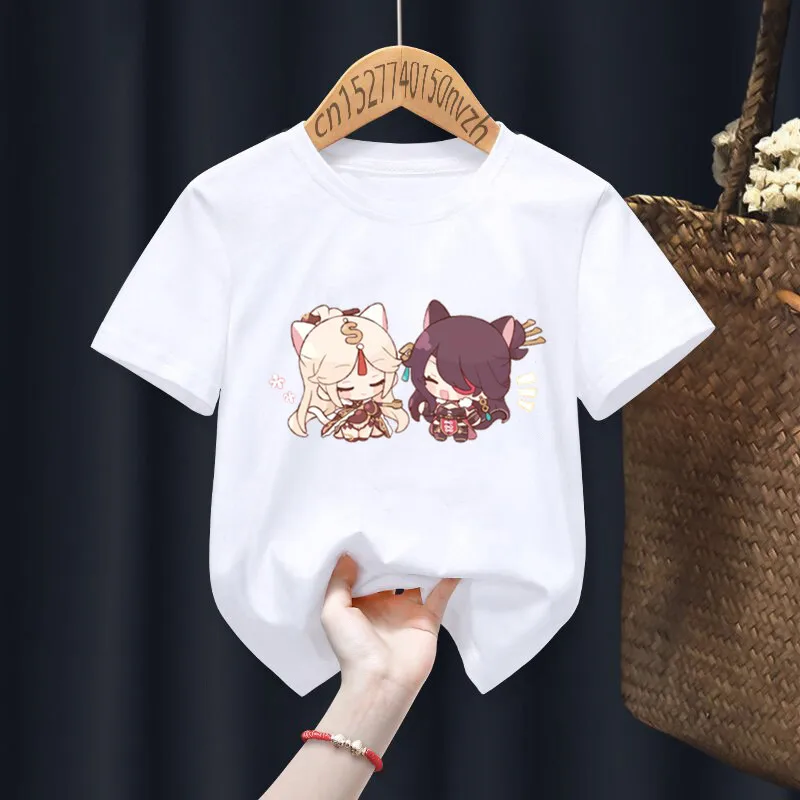 Genshin Ningguang and Beidou Print Red Kid T-shirts Children Baby Harajuku Kawaii Clothes Boy Girl Tops Gift Present ,Drop Ship