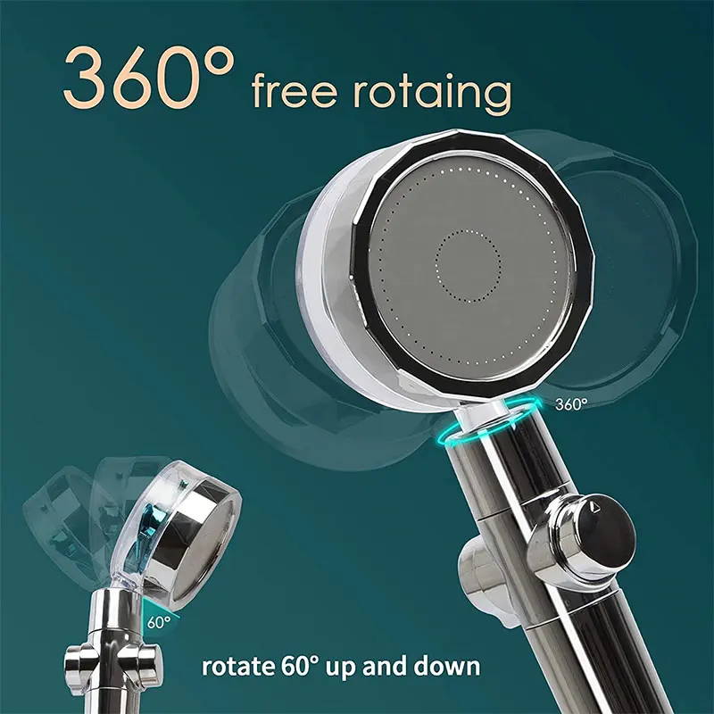 Bathroom Shower Head 360 Degree Rotatable Turbo Fan With Stop Button Water Saving High Pressure Handheld Filter Shower Head Set