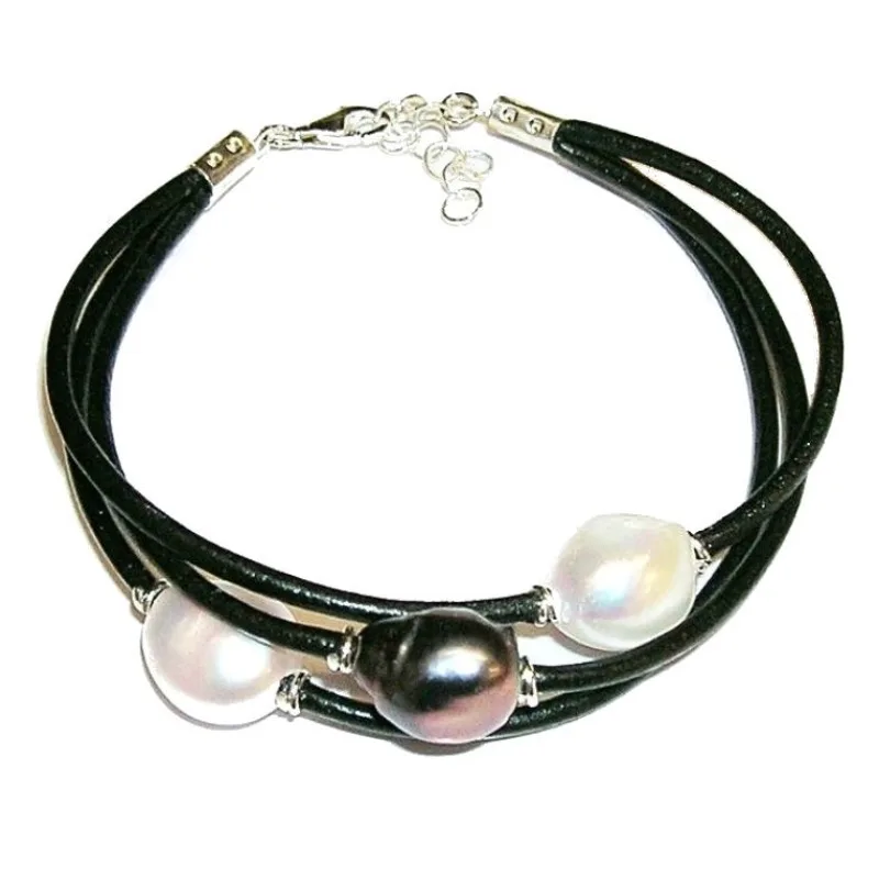 Bracelet of 3 cultured stones Tricolor, black leather and 1ª LEY 925 silver. Length 17 to 19 cm per lengthen chain