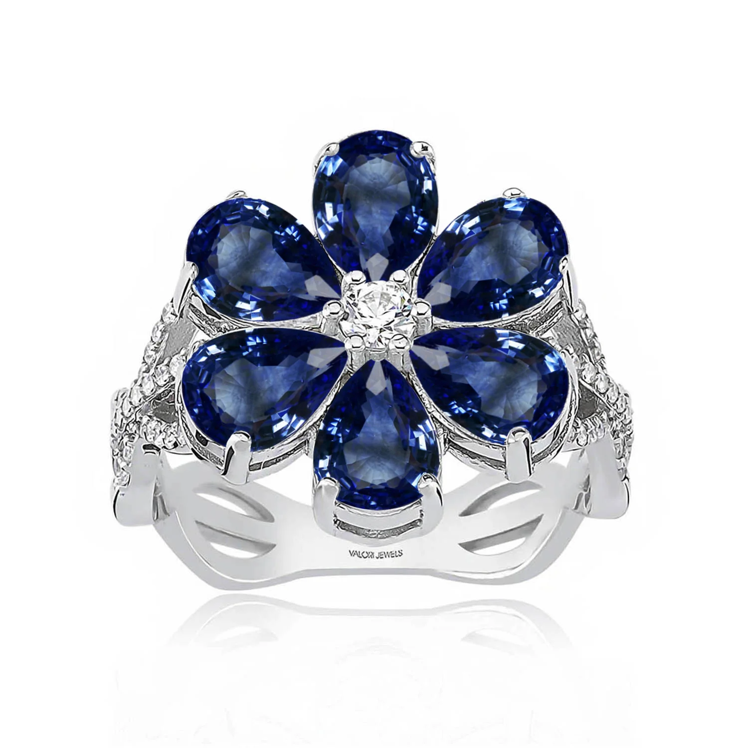 

Valori Jewels Magnolia Flower Ring , 4 Ct Zircon Fancy Blue Pear Gemstone , Rhodium Plated ,925 Silver, Fine Jewelry