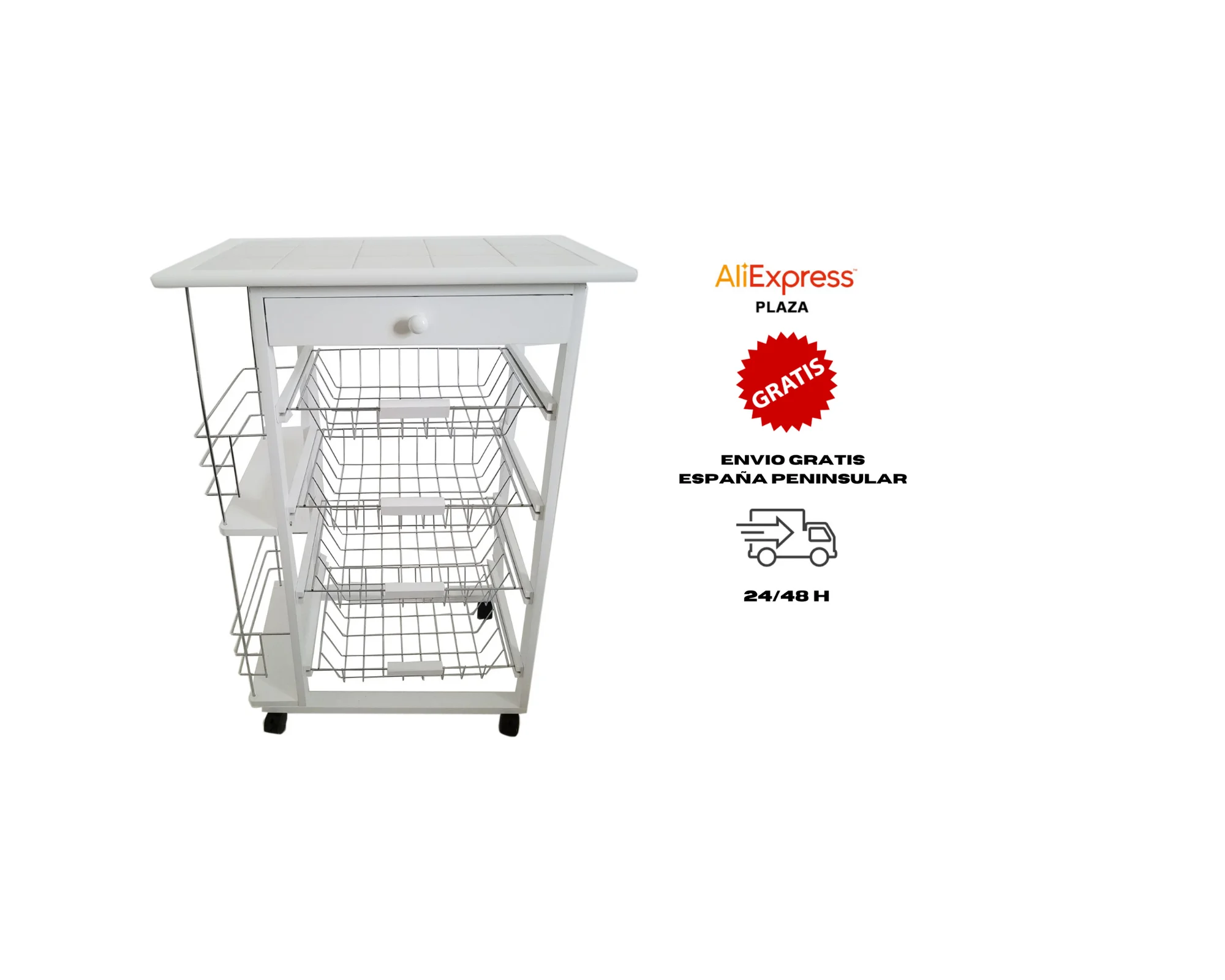 Kitchen cart Port 5 white color with 4 baskets and drawer. 82x57x37 Cm. Kitchen. Kitchen carts. Kitchen organizer. Fast delivery. Fruit greengrocer. Greengrocer cart. Saves space. Kitchen Cabinet