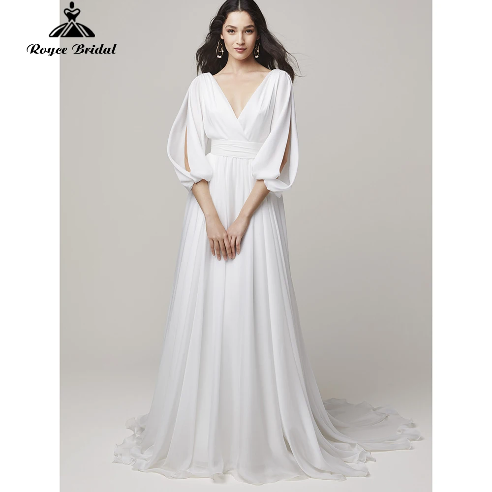 

Roycebridal Boho V-neck Lantern Sleeve A-Line Wedding Dresses Chiffon Bridal Gowns Backless Button Floor-Length vestidos