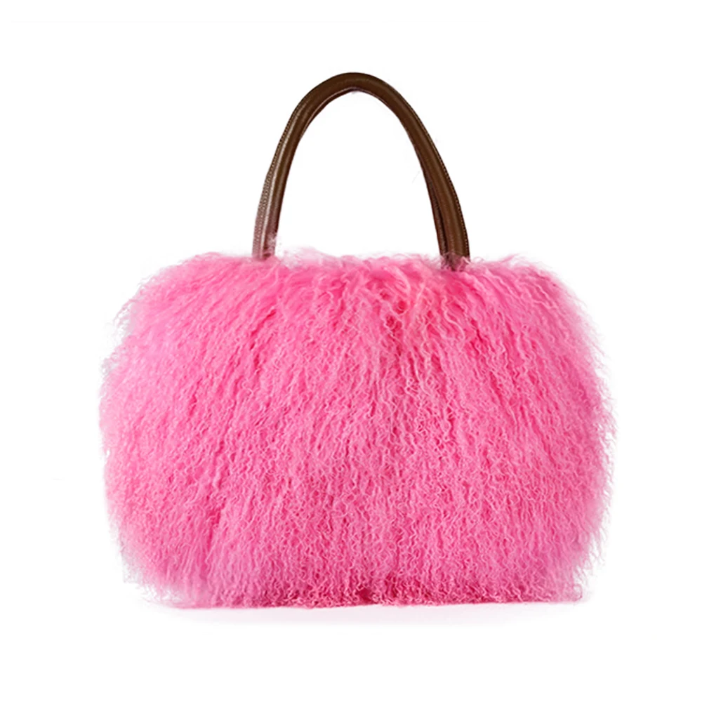 ALICEFUR Long haired sheep fur shoulder bag real Mongolian lamb fur bag