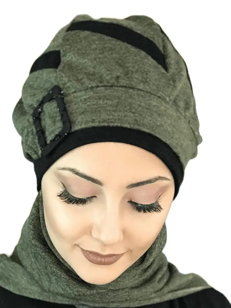 New Fashion 2021 Hijab Women Shawl Scarf Kerchief Hat Bonnet Islamic Clothing Green PassionFlower Black Stripe Buckle Beret