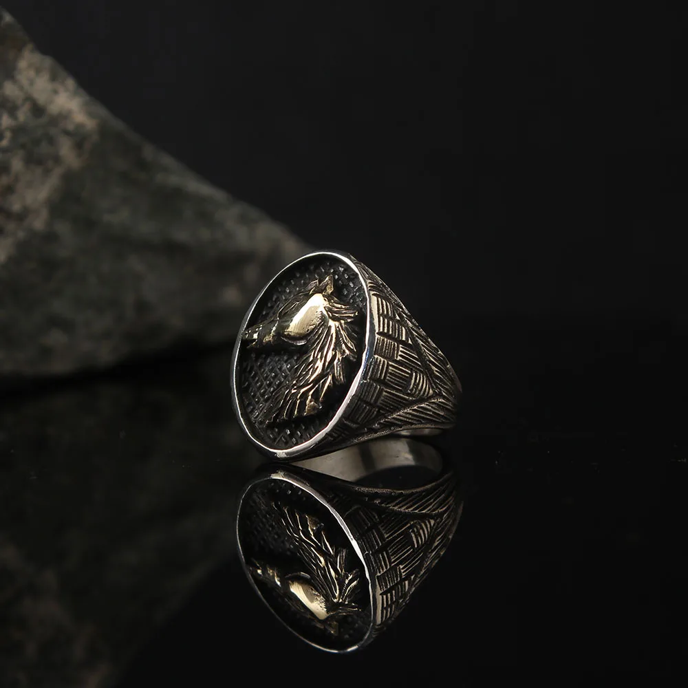 Horse Engraved 925 Silver Traditional Handmade Turkish Signet Ring Jewelry Gift for Women Men Special Craftmanship Applied