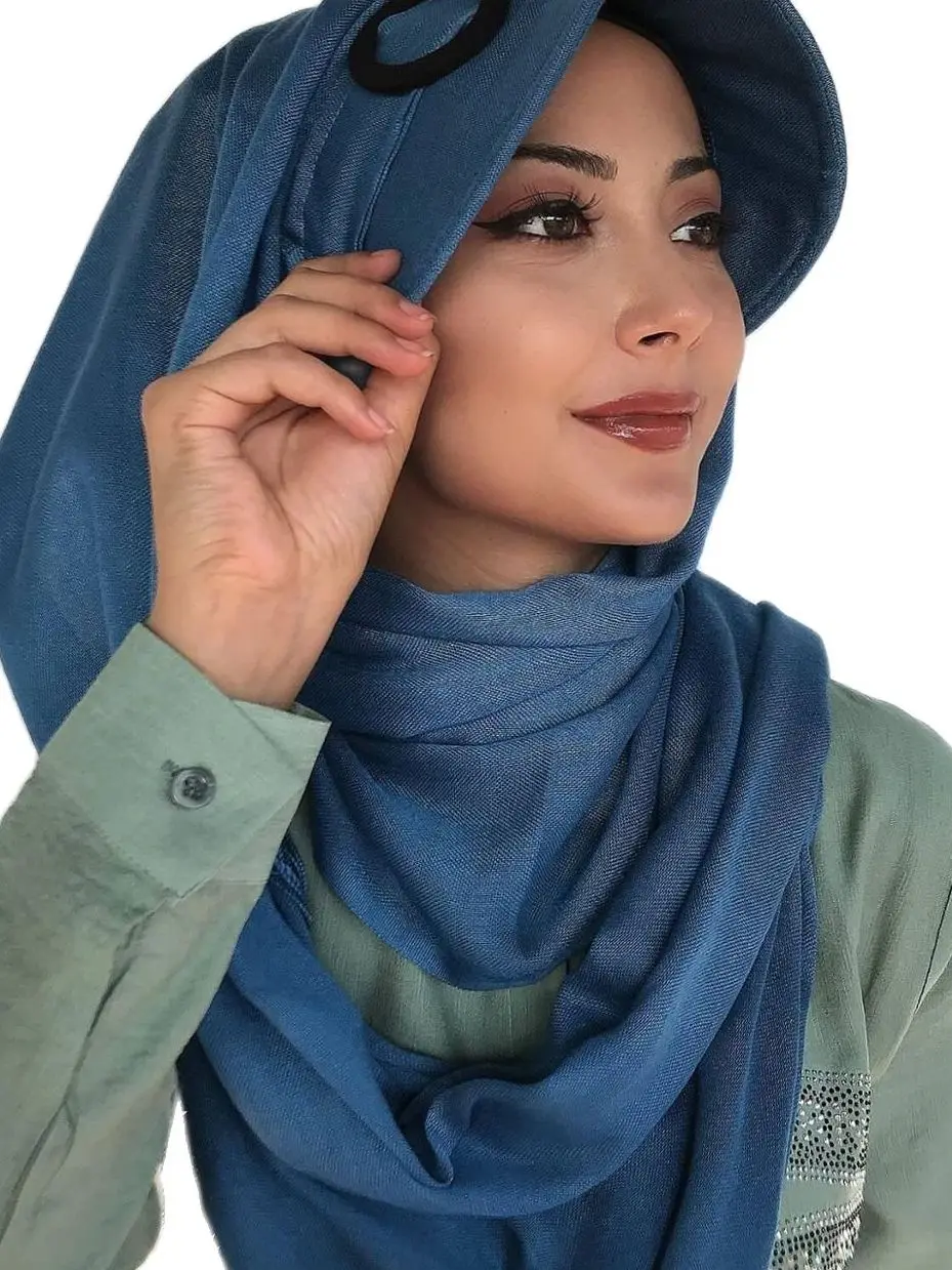 Yeni Moda Hijab 2021 Kadın Müslüman Başörtüsü İslami Kıyafet Tesettür Türban Fular Eşarp Fular Bone Mavi Tokalı Hazır Şapka Şal