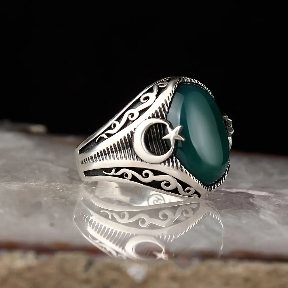 

MEN 'S 925 Sterling Silver Ring, Agate Stone, the Moon the stars Model, Male Gift Accessories Jewelry, made in Turkey, Handmade, Fashion Trend High