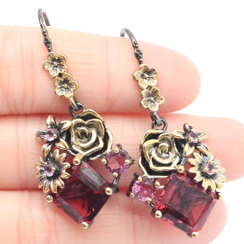 

Buy 3 get 1 free 45x21mm 9.8g Rhodolite Garnet Dark London Blue Topaz Women Black Gold Earrings