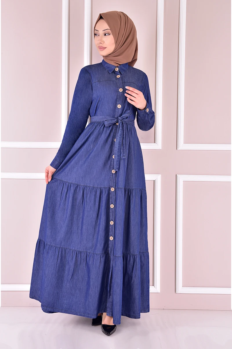 Through-hole Button Arched Handle Handle Denim Dress Dark Blue muslim long abaya women Dubai turkish hijab girl Islamic clothing big size