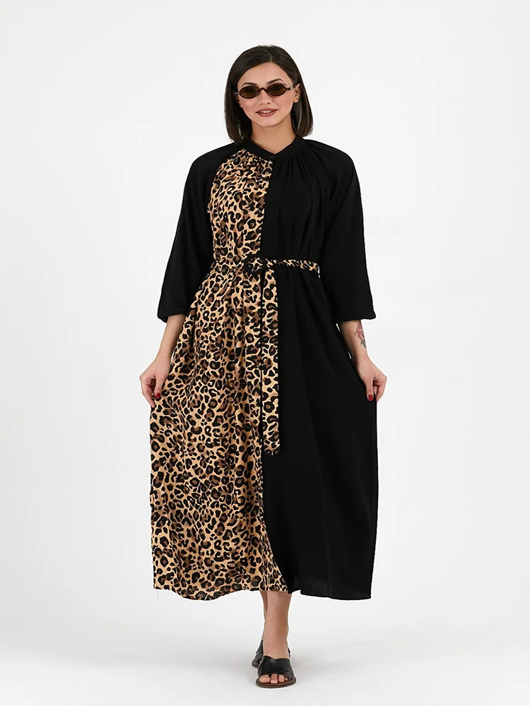 

Leopard Pattern Belt Decoration Black Color Long Viscose Dress 2022 New Fashion Women's Clothing Collections