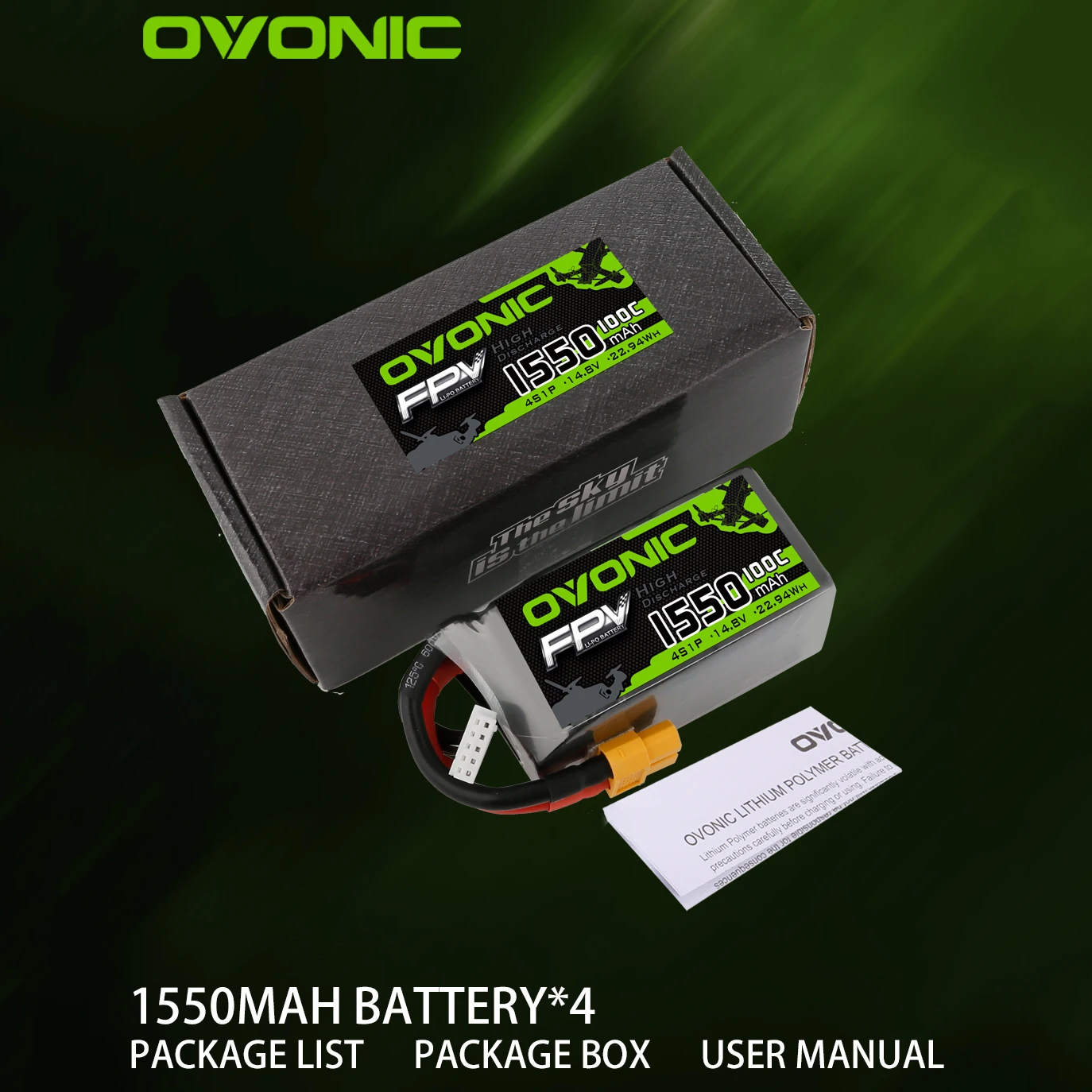 OVONIC-Batterie Fuchsia 4S, 1550mAh, 100C, 14.8V, avec Prise Count60, pour Bateau, Hélicoptère, Avion, UAV, Drone RC FPV, 2 Unités