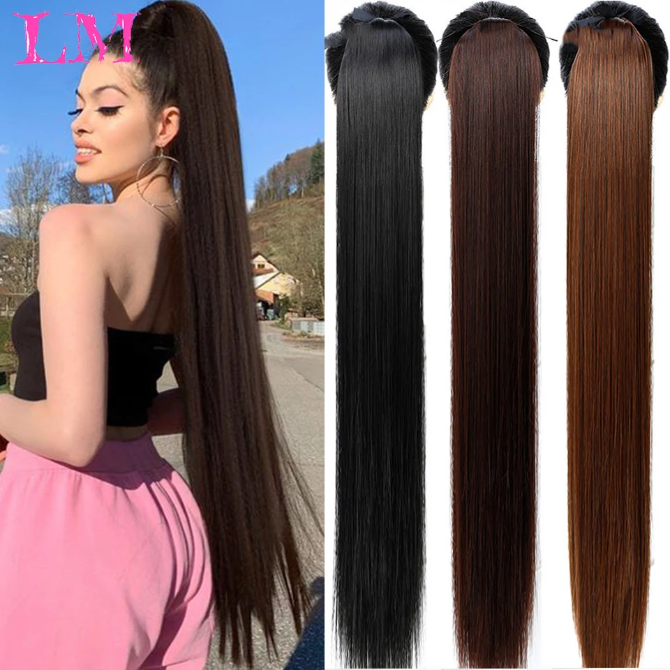 LM 30-Inch Synthetic Hair Fiber Heat-Resistant Straight Hair With Ponytail Fake Hair Chip-in Hair Extensions Pony Tail Wigs