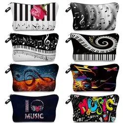 Estuche de lápices portátil para mujer, organizador de alta calidad, pintura de guitarra de Piano, bolsa de maquillaje, transferencia de calor, notas musicales, bolsas de cosméticos impresas