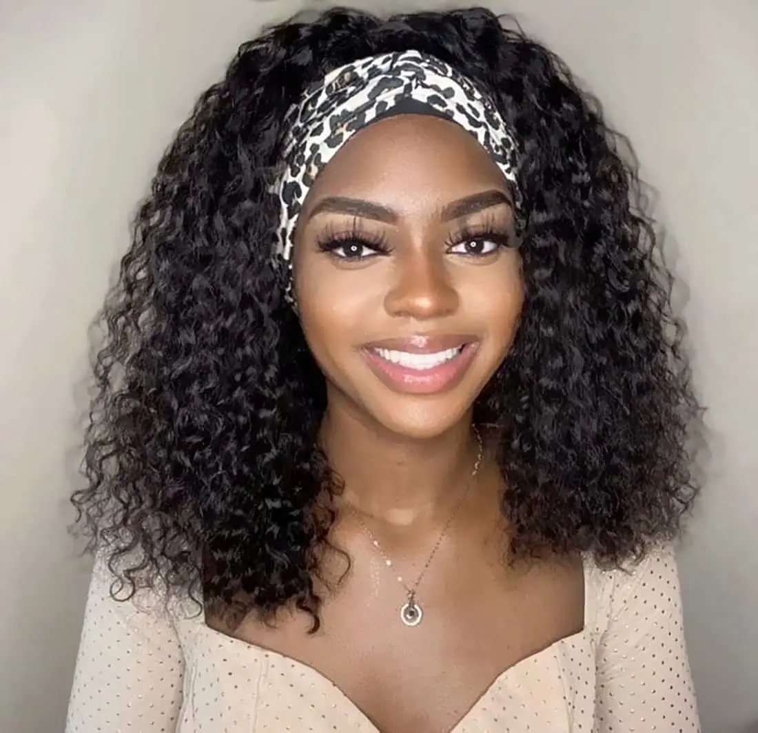 FAVE Headband Wig Afro Curly Human Hair Wigs Scarf Jerry Curl Wig No Glue Brazilian Remy Hair Wigs 150% Headband Human Hair Wig