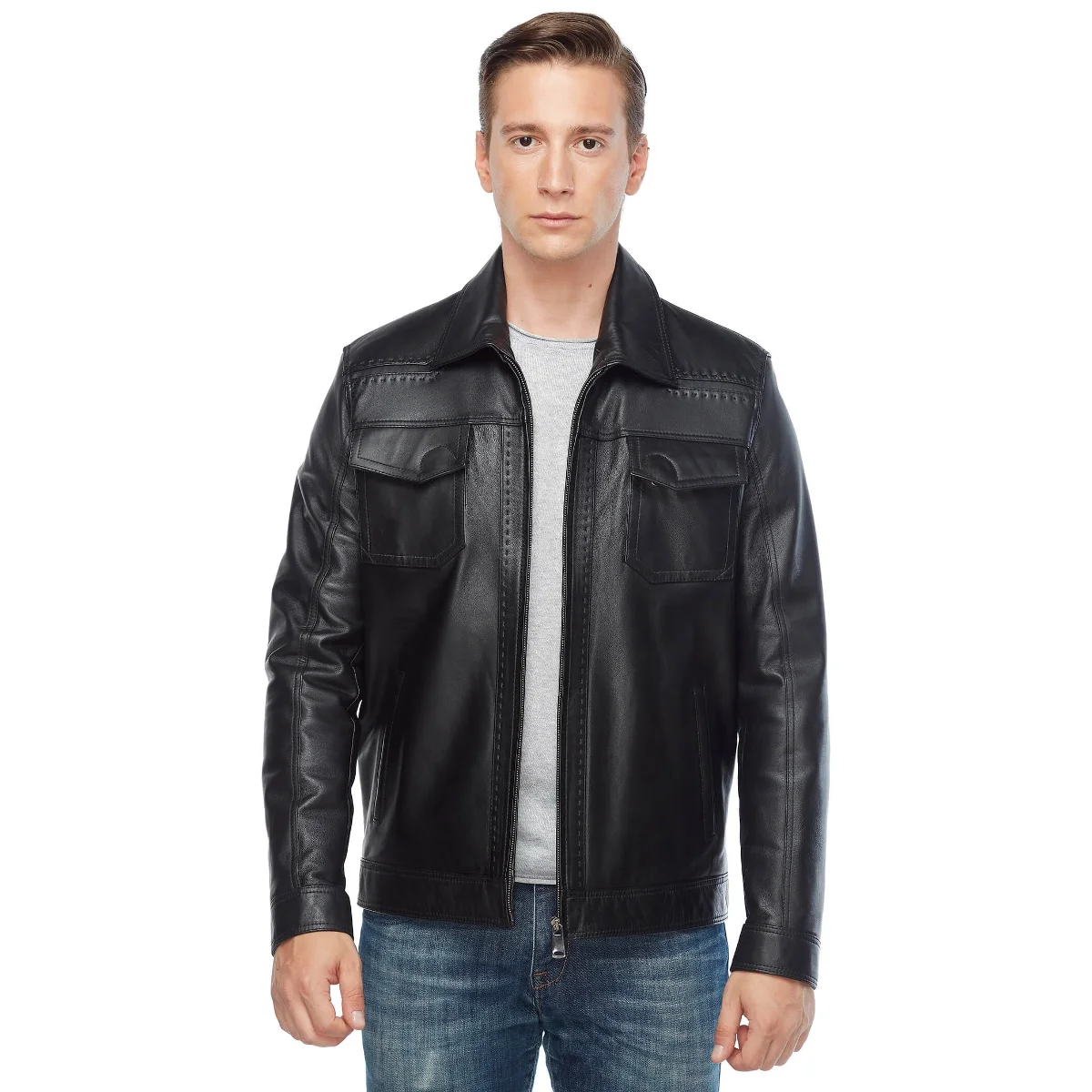 Marco Puntolu Phối Da Đen Gốc Da Cừu Thu Đông 2022 Biker Slim Size Lớn VintageTürkiye