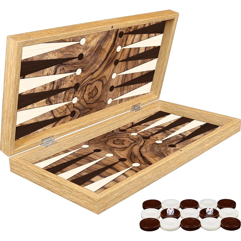 Set Backgammon Permainan Papan Burl Zaitun Klasik
