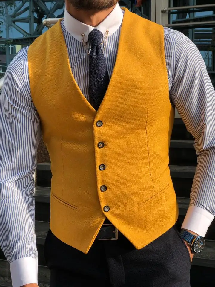 Men Vest Classic Cotton Blended Yellow Slim Fit Formal Suit Waistcoat Single Breasted Vest Men Classic V Neck For Wedding