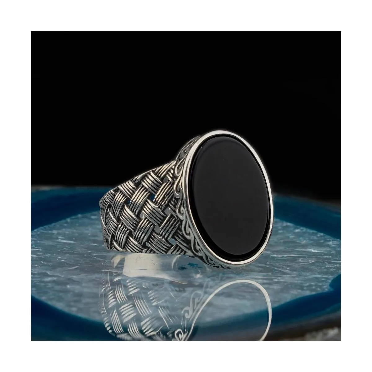 925 Sterling Silver Knitted Pattern Oval Black Onyx Stone Men's Ring Exclusive Chic Accessory for Men Special Ring