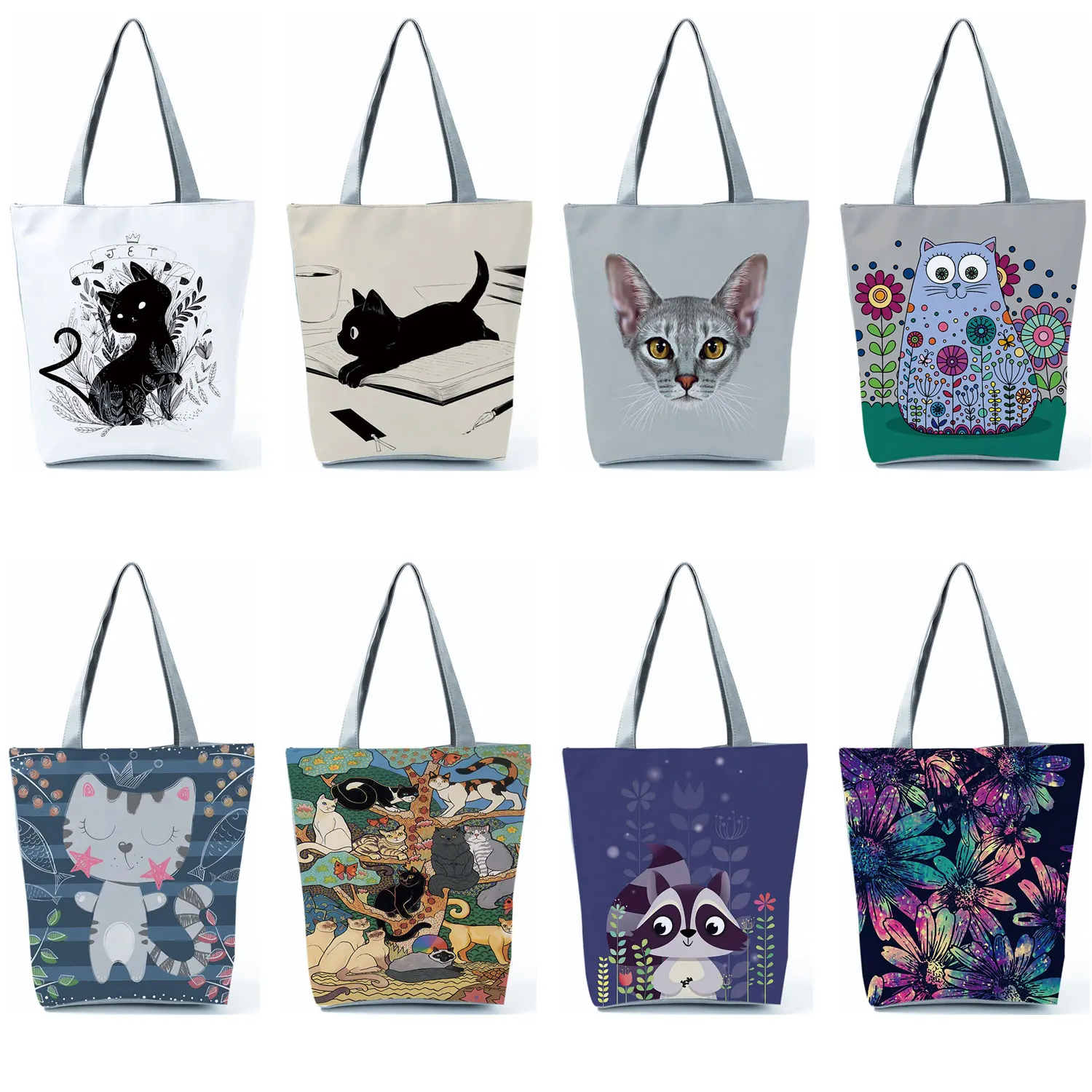 Cartoon Cat Handbags Cute Animal 3D Printed Tote Women Shoulder Bag Casual Foldable Eco Reusable Shopping Bag Custom Pattern