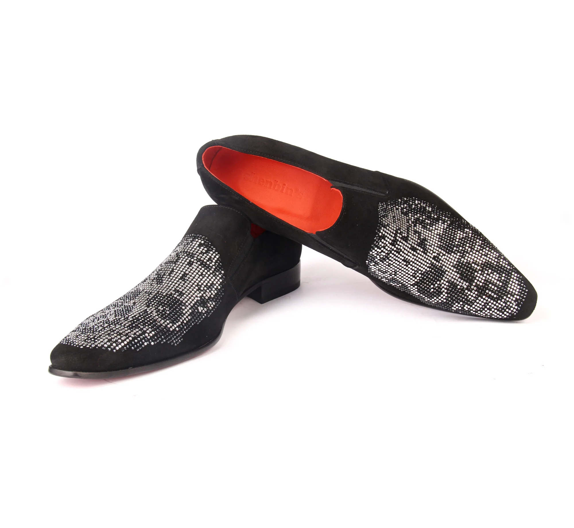 Handmade Black Suede Loafers, Real Calfskin Leather, Leathersole, Crystal Embroidery, Men's Slip On Designer Wedding Shoes