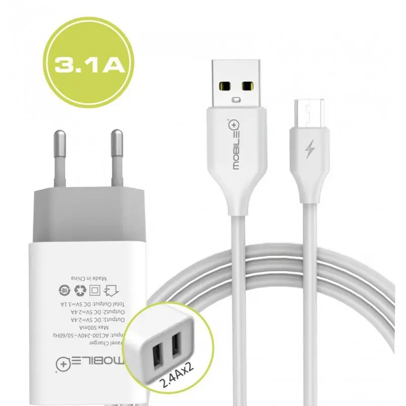 Movile Wall mobile USB charger with dual output MicroUSB Android 3.1A fast charging