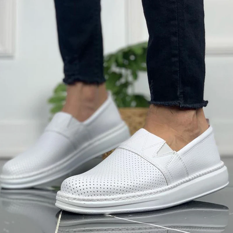 Chekich Men's Shoes White Colors Artificial Leather Slip On Summer Season Sneakers Casual Sport Walking Original Vulcanized Material Breathable Sewing Sole Lightweight Comfortable Footwear Wedding Office Flats CH091 V1