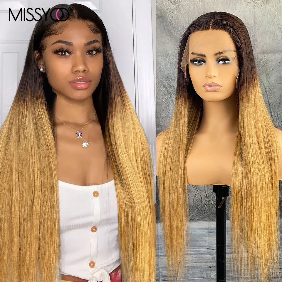 Ombre Brown Blonde Human Hair 13×4 Lace Front Wigs For Black Women Pre-plucked 2/27 Long Straight Brazilian Remy Human Hair Wig