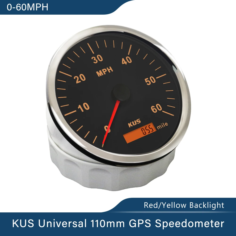 KUS Truck Boat Universal 110mm Diameter GPS Speedometer Odometer 0-60MPH with Red and Yellow Backlight 9-32V