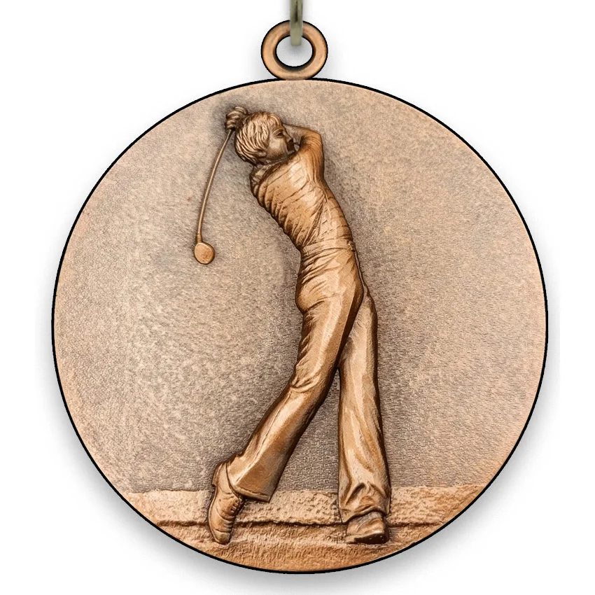 Large Metal Golf Male Bronze Medal - 6,4 cm - with Neck Ribbon size 2,2cm x 80 cm - Choice of Ribbon Colours.