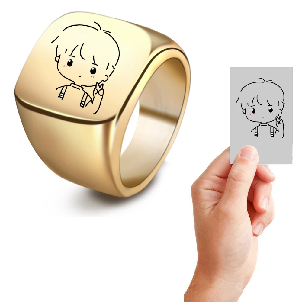 Custom Photo Logo Ring for Women Men Finger Square Gold Ring Stainless Steel Jewelry Personalized Handwritten Sign Festival Gift