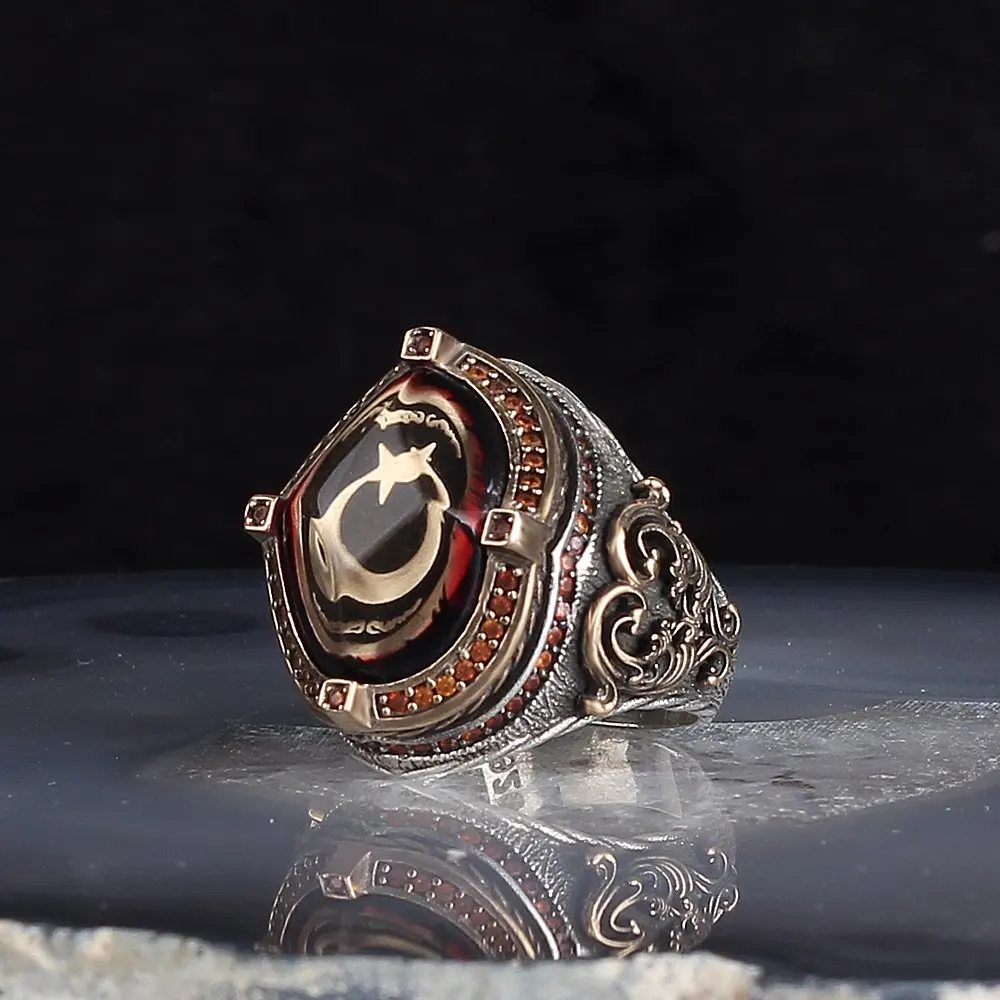 Crescent Amber Stone Silver Men 'S Ring