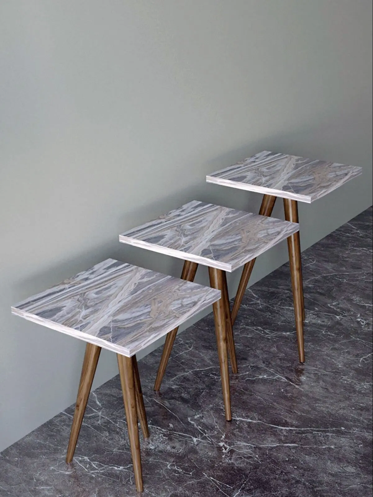 Square Retro 3Pcs Nesting Table Side Table Service Table And Tea Table Living Room Side Table