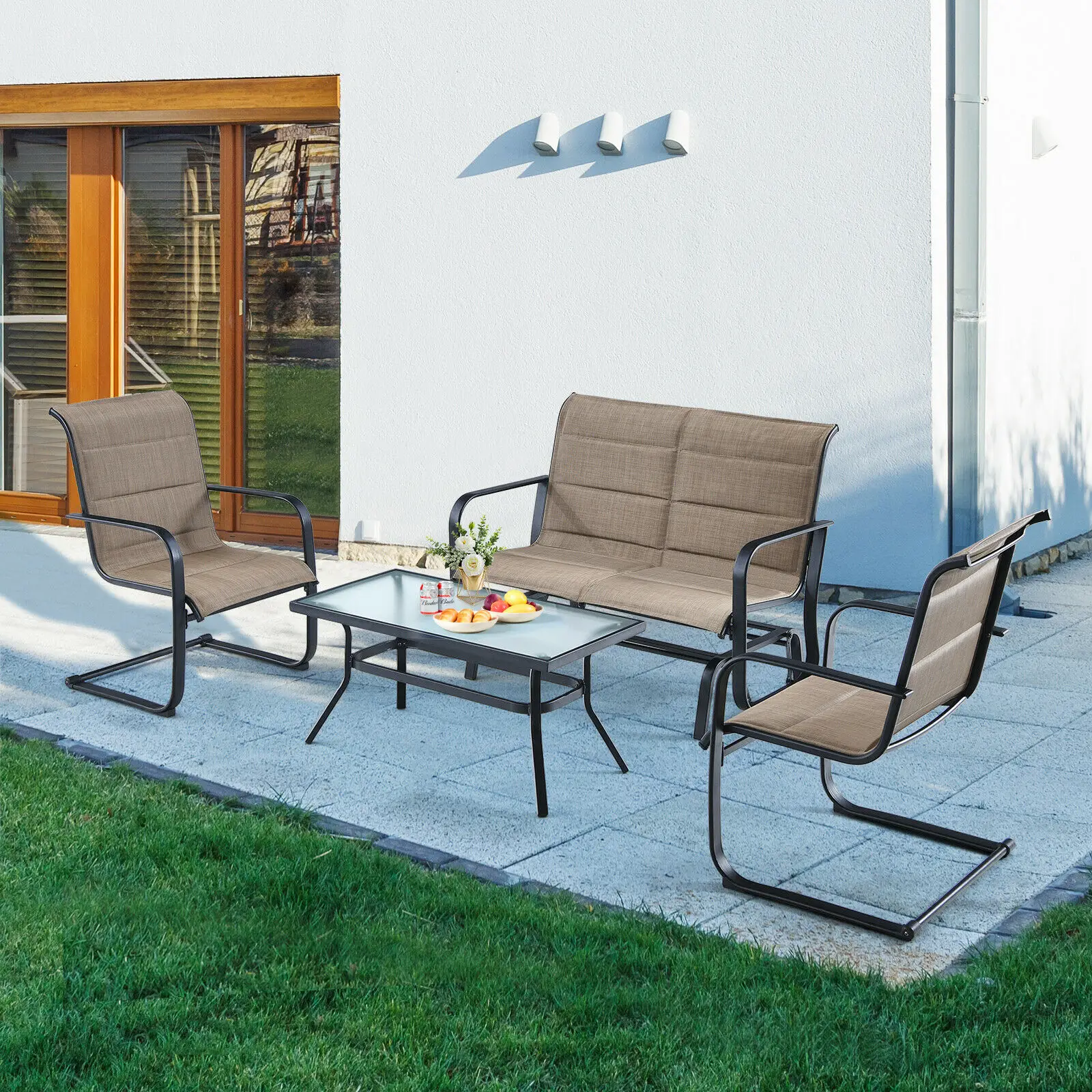 4 PCS Outdoor Patio Furniture Set Padded Chairs Glider Loveseat Coffee Table  NP10093WL-CF