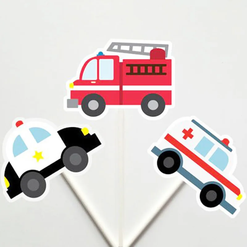 Emergency Vehicles Cupcake Toppers Firetruck Ambulance Cupcake Toppers Car Party Decoration-set of 24