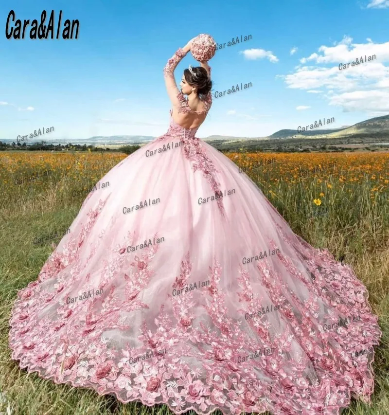 Elegant Pink Quinceanera ชุดดอกไม้ Appliques Sweet 16ประกวด Gowns แขนยาว Vestidos De Xv ปี