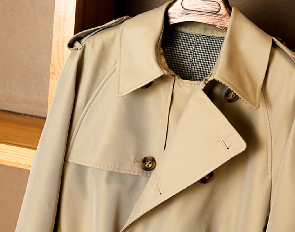 Men\'s Trench Coat Mid-length Double Breasted Windbreaker Loose Fit for Autumn and Winter Male Vintage Military Clothing